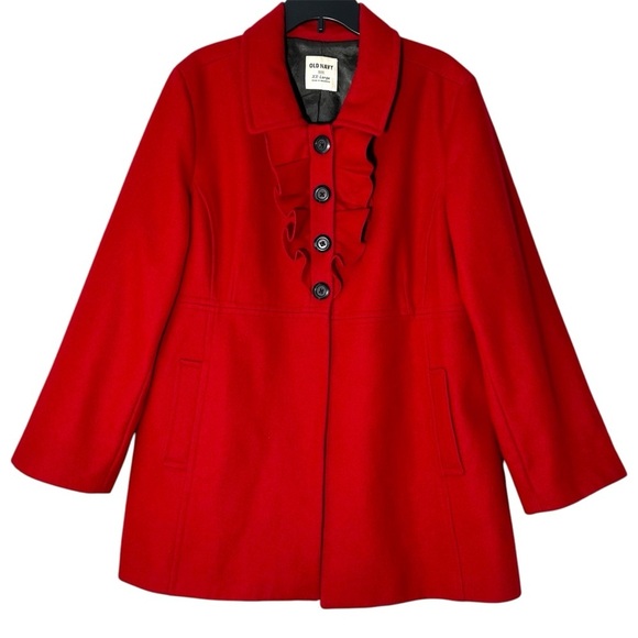 Old Navy Cherry Red Preppy Ruffle Collar Wool Midlength Peacoat Jacket size XXL - Picture 2 of 13